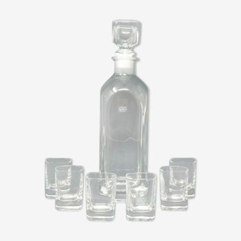 Carafe en cristal vintage italienne avec 6 verres en cristal, signée Luigi Bormioli dans les années 1970