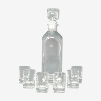 Italian vintage crystal decanter with 6 crystal glasses signed Luigi Bormioli 1970s