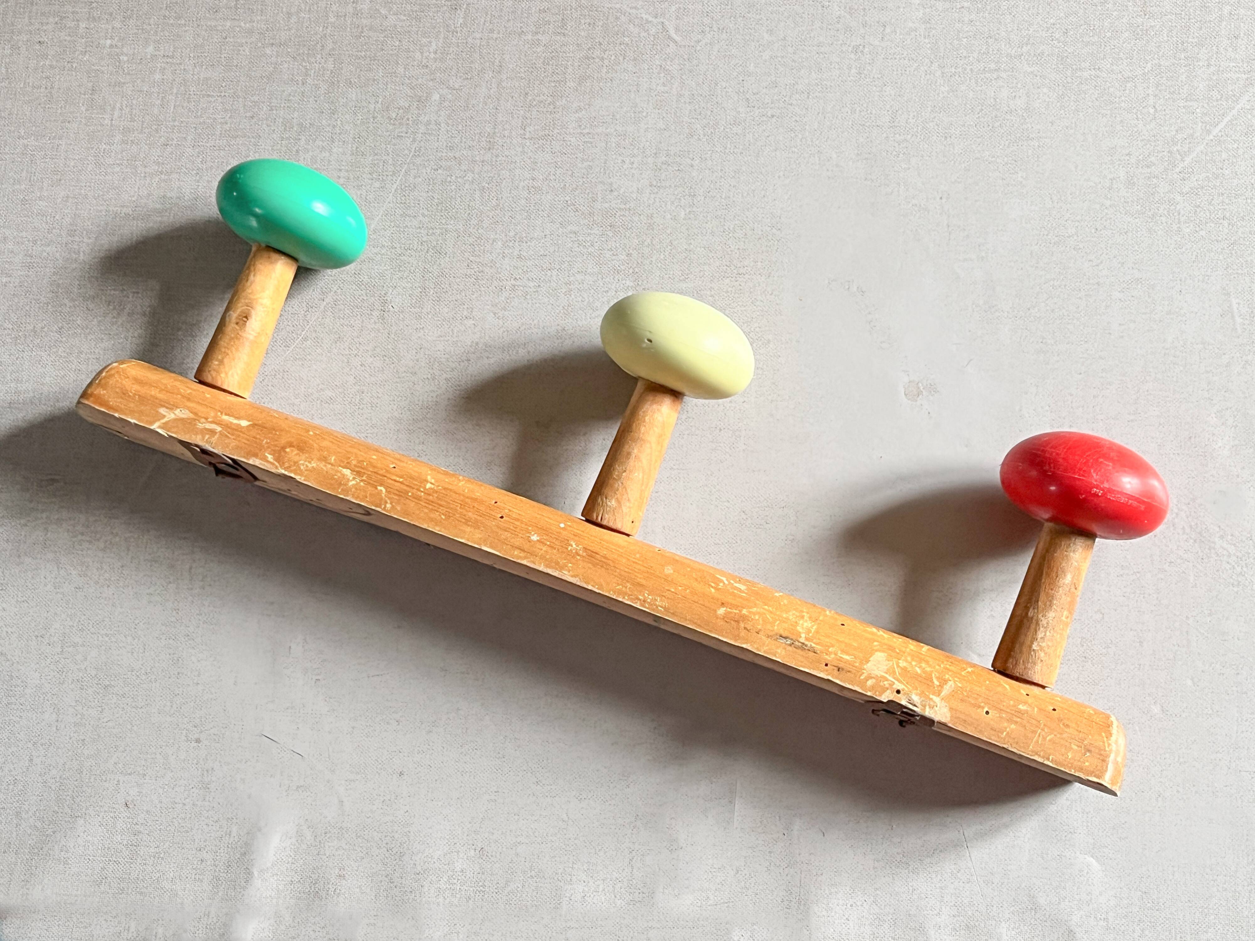 Wall-mounted coat rack wood 3 hooks, 1950s/60s.