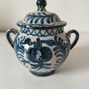 Fajalauza earthenware sugar bowl with handles, Granada, Spain, circa 1970