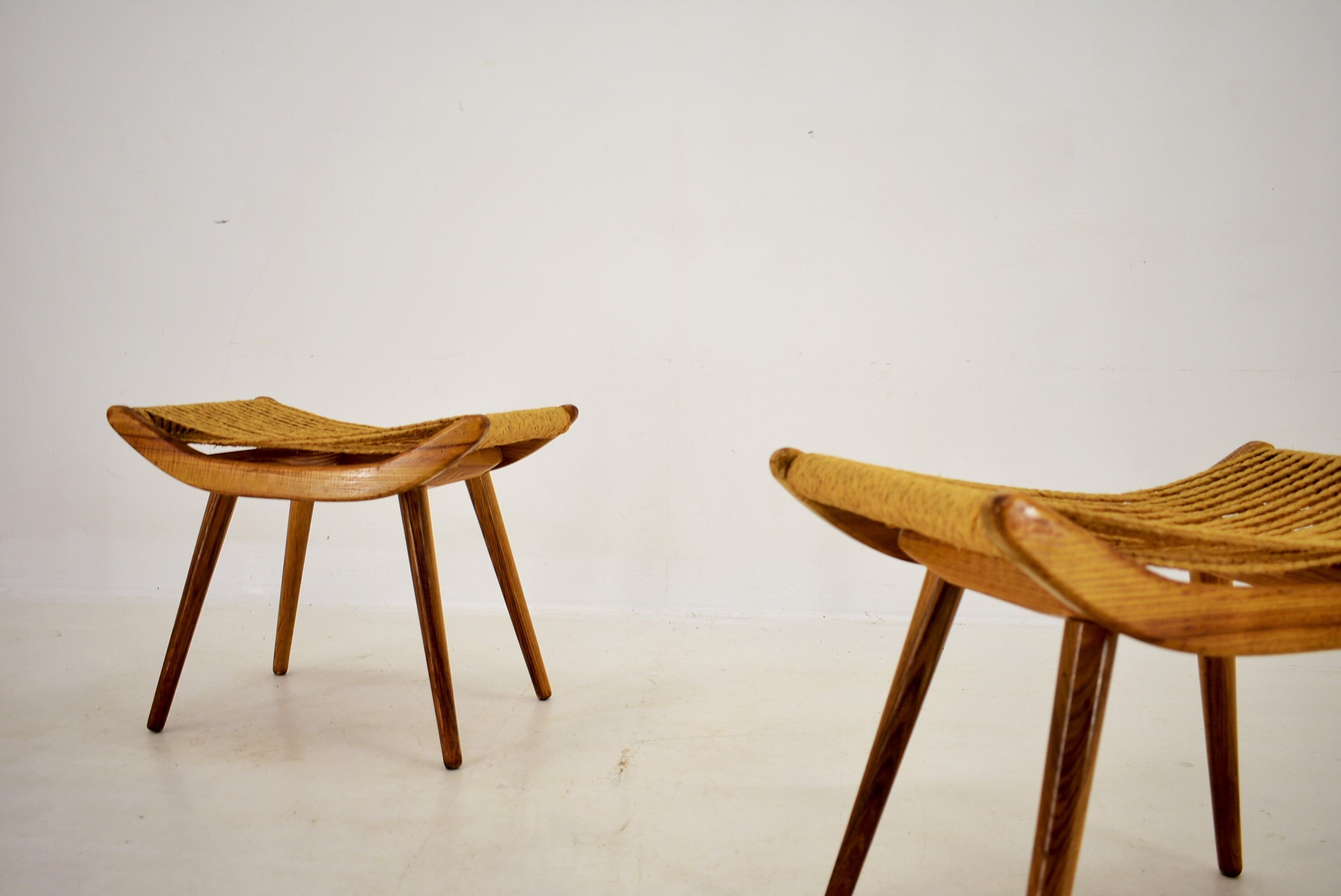 Pair of beech straw stools, 1960s, Czechoslovakia