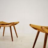 Pair of beech straw stools, 1960s, Czechoslovakia