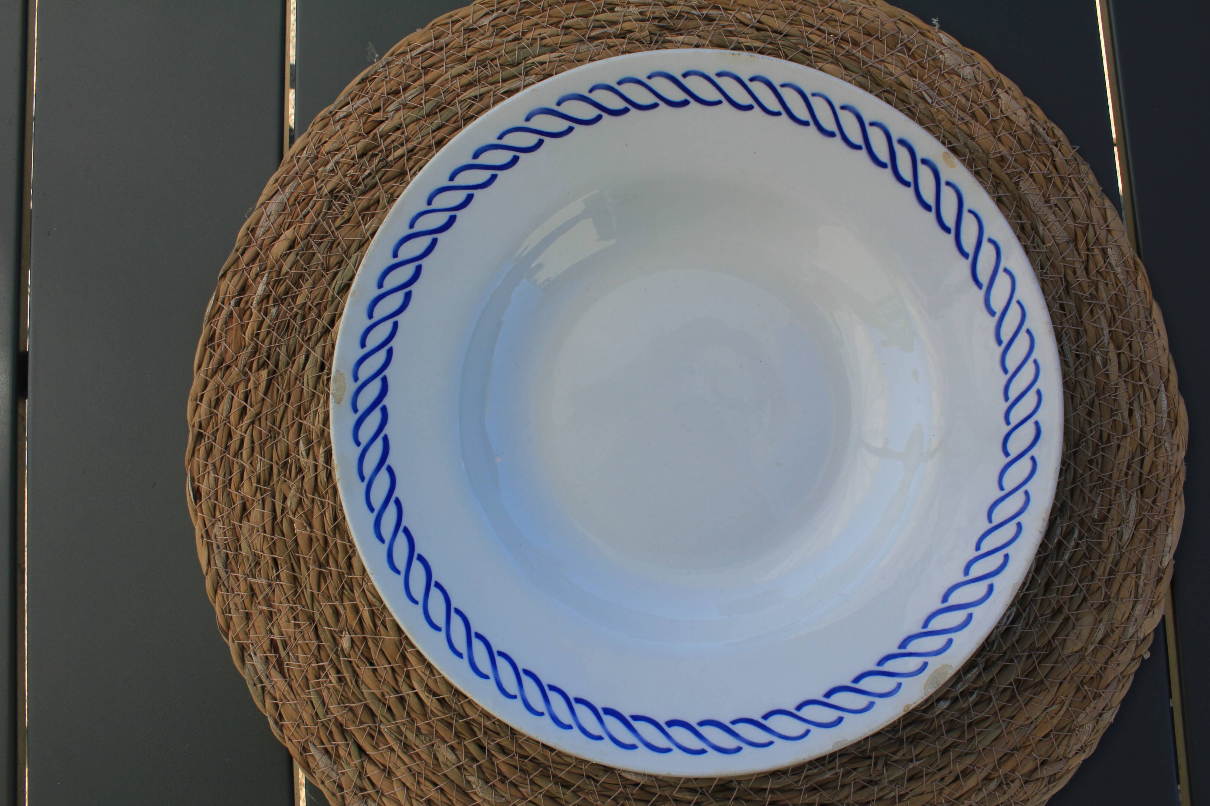 Deep plate with royal blue geometric pattern marked on the back FB 45.