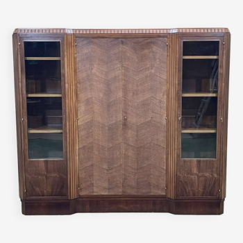 Art Deco period 4-door bookcase in walnut, mahogany and teak and inlaid with metal fillets