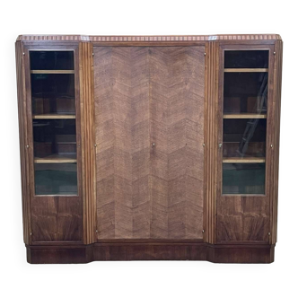 Art Deco period 4-door bookcase in walnut, mahogany and teak and inlaid with metal fillets