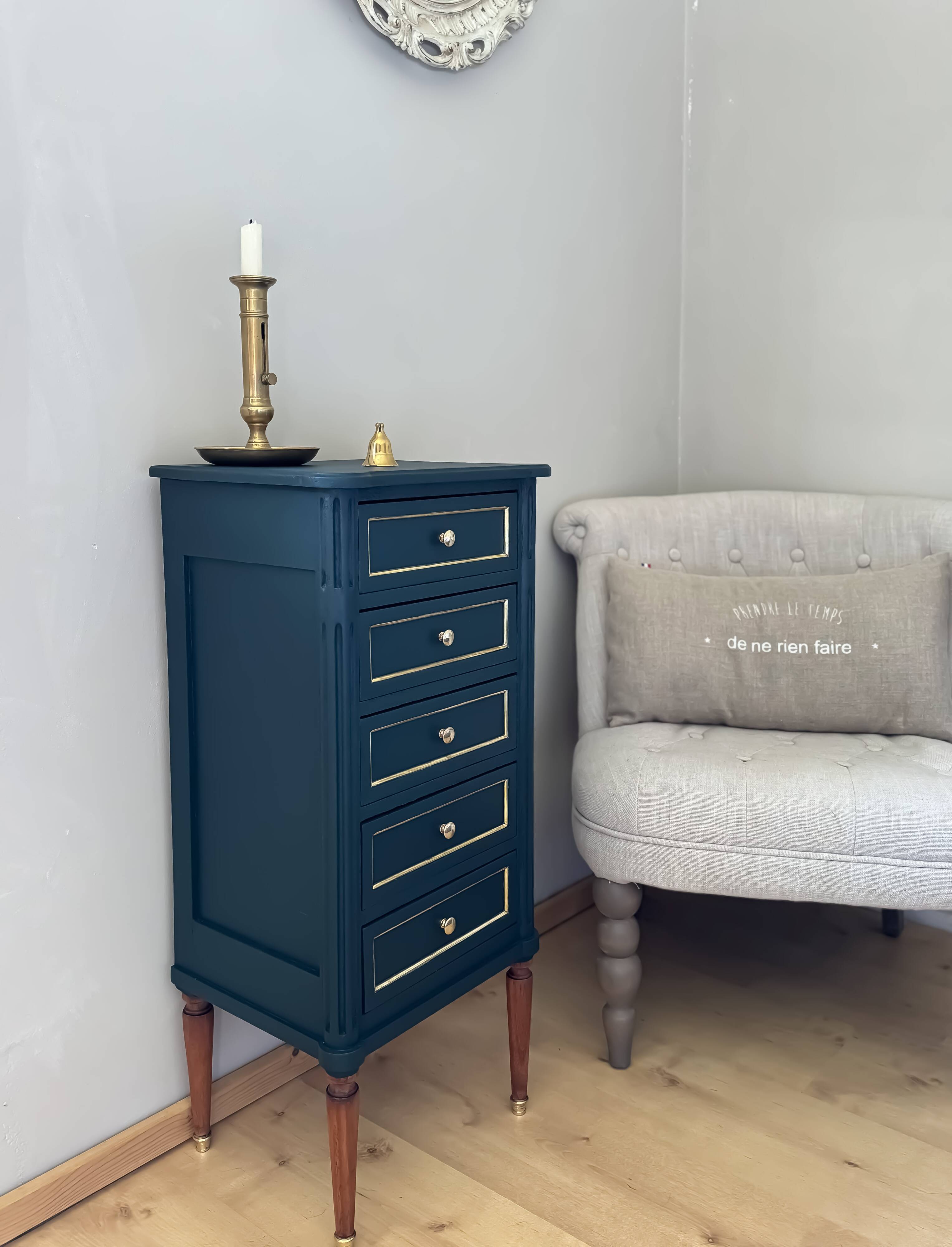Cypress green chest of drawers & brass
