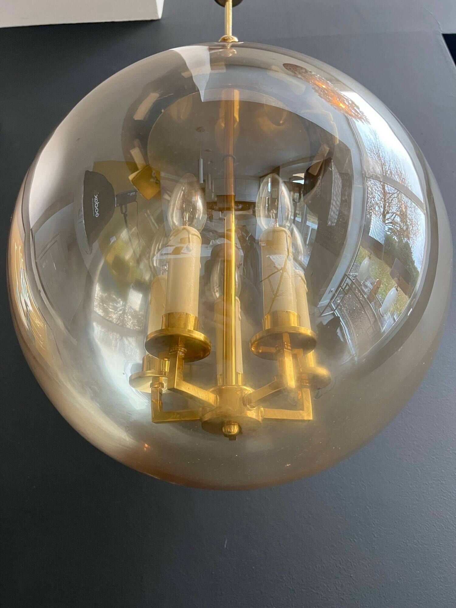 Smoked Glass and Brass Four-Light Suspension Pendant. French Work.