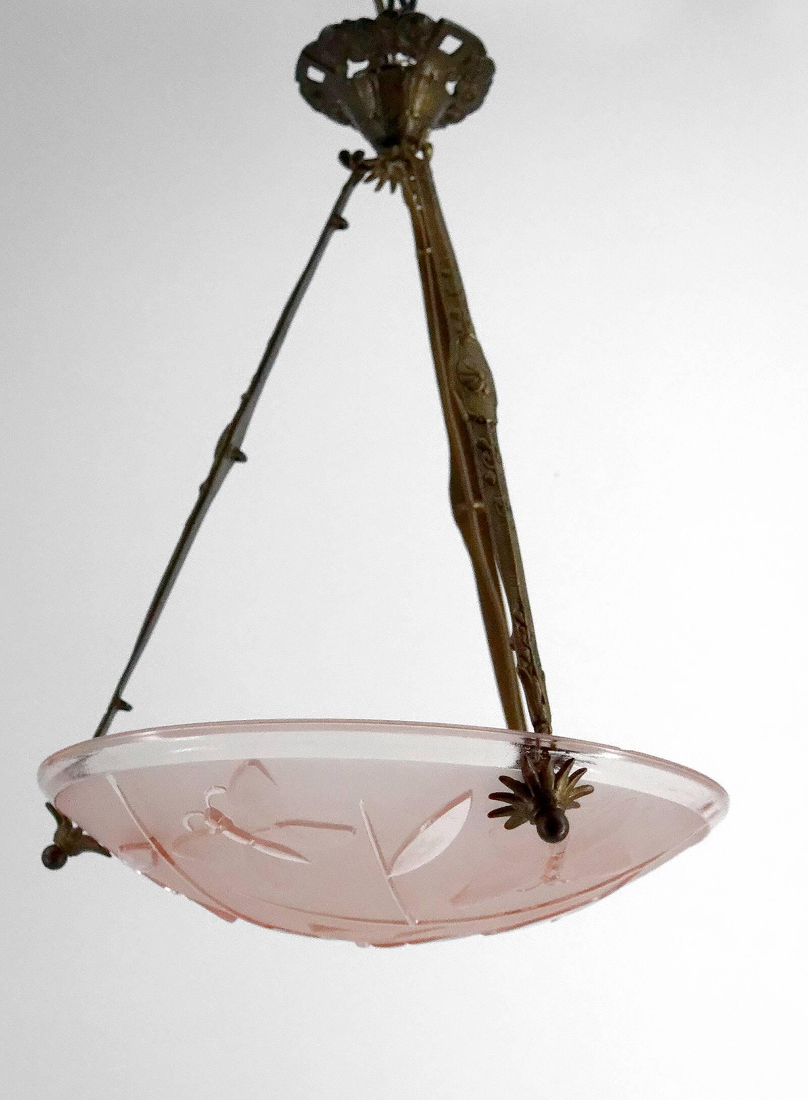 Bronze and glass pendant light with butterfly decoration, Degué, France, 1930