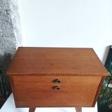 Wooden bedside table with vintage compass legs