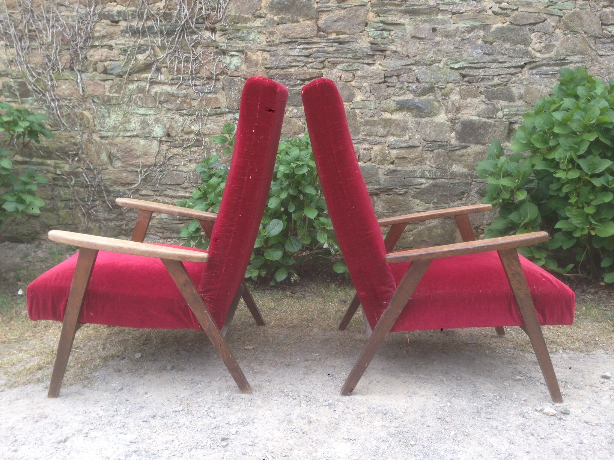 Pair of vintage armchairs with compass legs in beech and velvet.