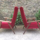 Pair of vintage armchairs with compass legs in beech and velvet.