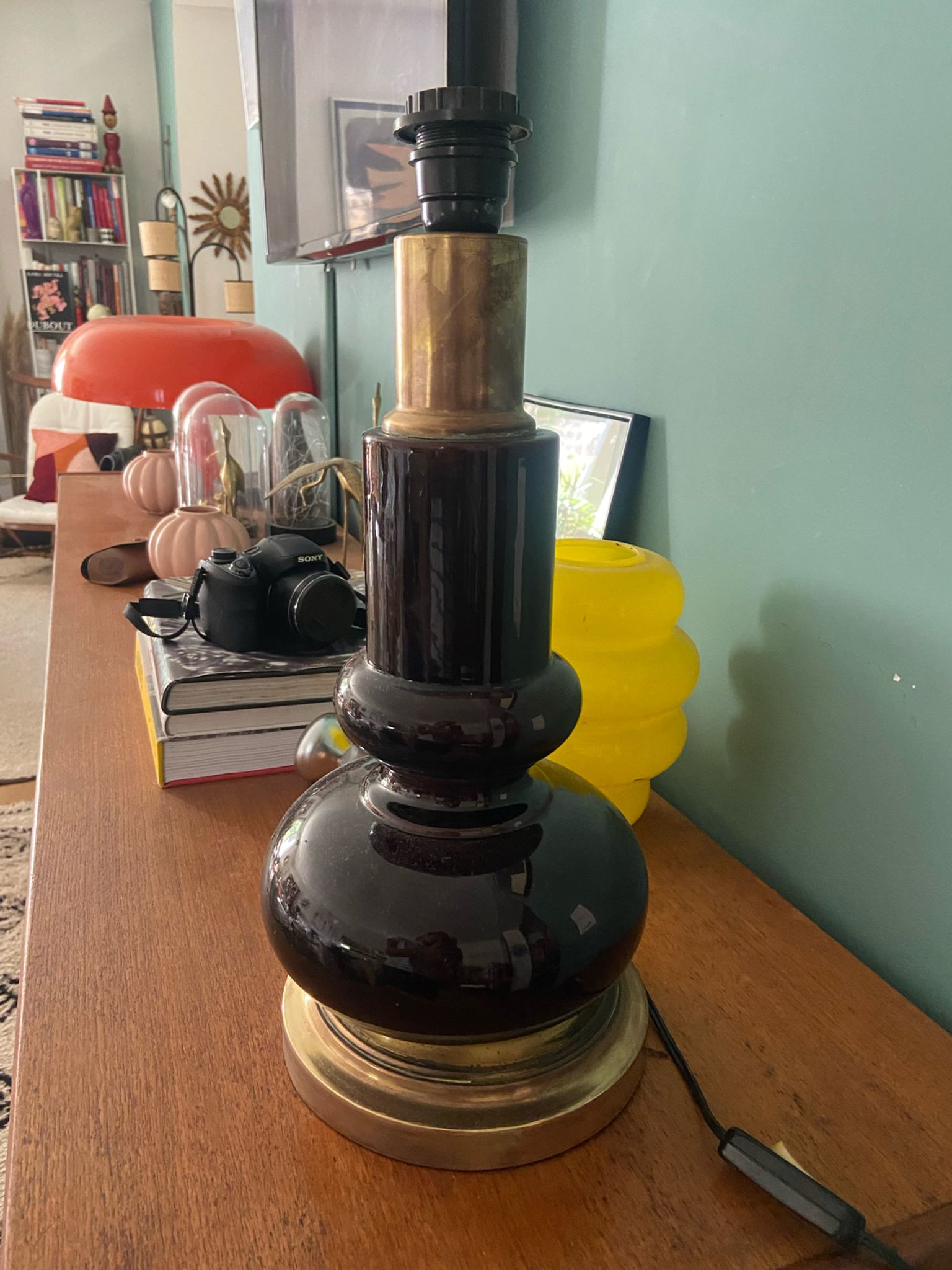 Pied de lampe en céramique et laiton années 70