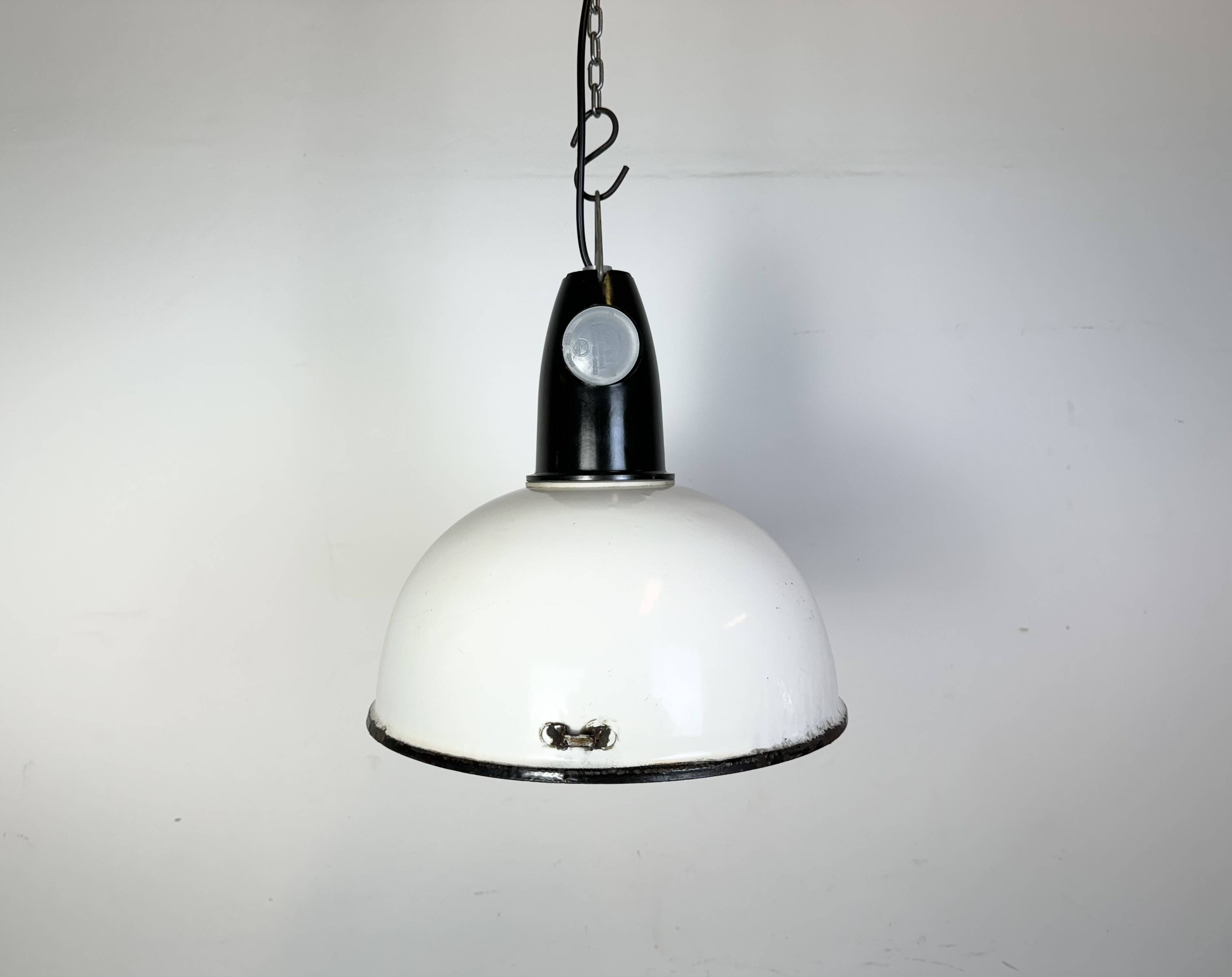 Industrial soviet white enamel pendant lamp, 1960s