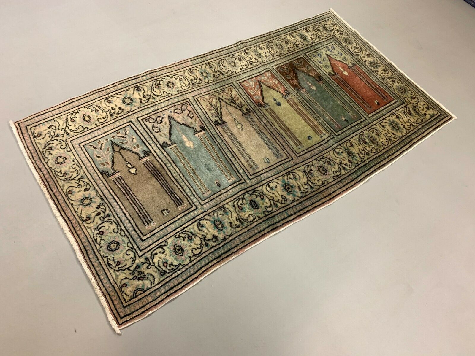 Distressed Turkish Rug 188x101 cm wool Vintage shabby Chic Runner Blue, Beige