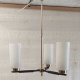 Modernist chandelier with 3 lights in metal, brass, and opaline globe - 1950s