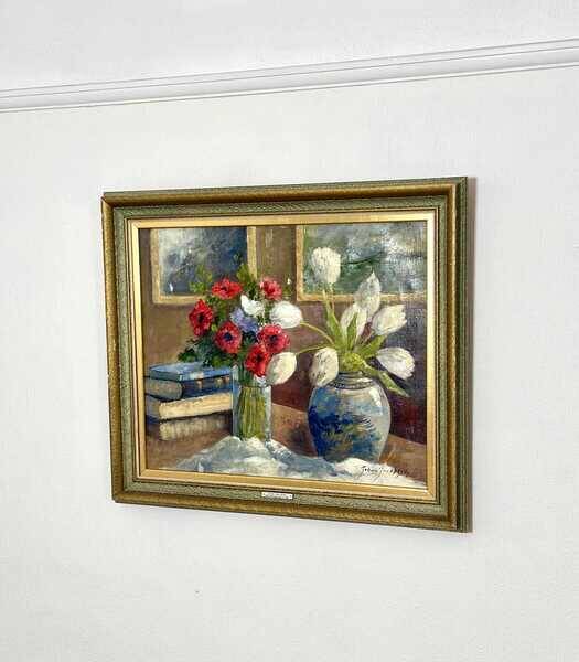 Original early century Swedish oil on canvas – "Tulips and Poppies" by Johan Jacobsson – vintage & framed 68 × 80 cm (26.8" × 31.5")