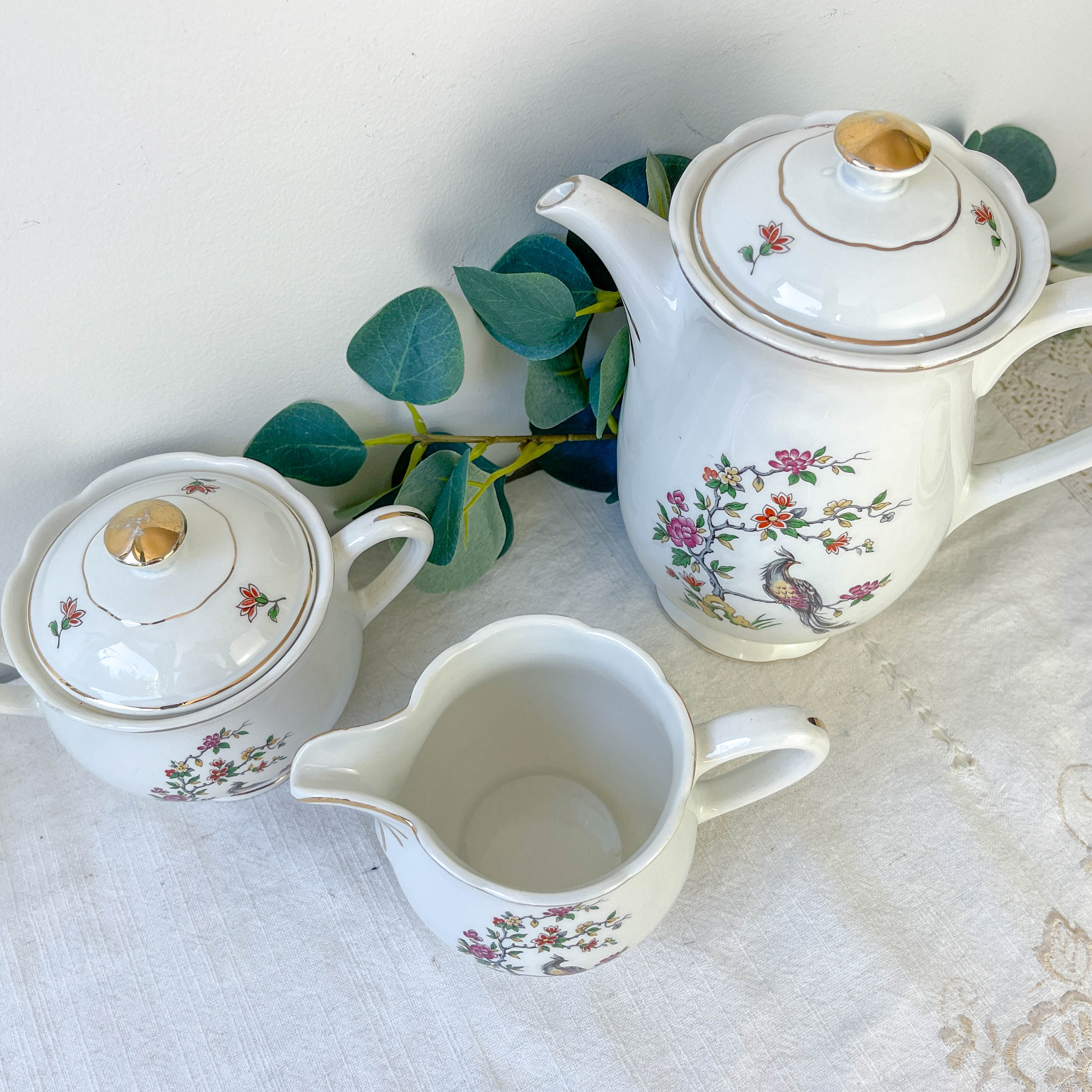 Service à thé vintage Digoin Sarreguemines – Modèle Corde – Motif Oiseau de Paradis