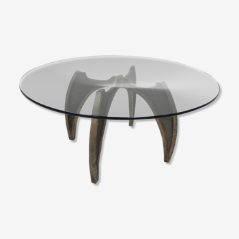 Table basse brutaliste en bronze avec plateau en verre
