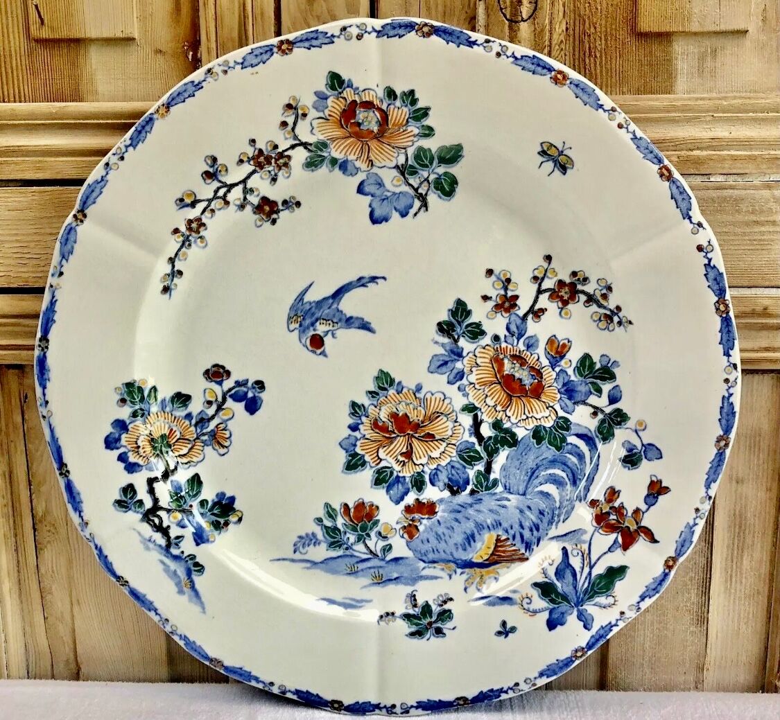 Large flat Gien rooster model and peonies 1938 1960