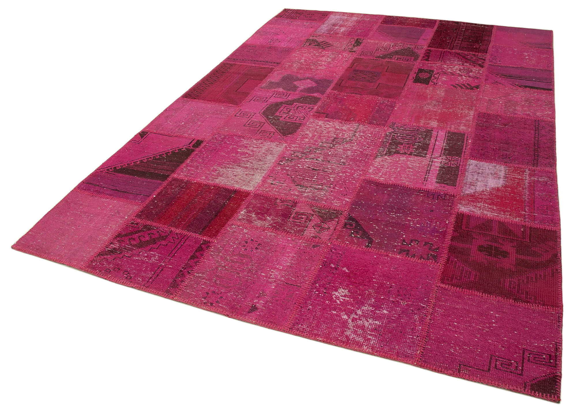 Hand-knotted oriental vintage 198 cm x 302 cm pink patchwork carpet