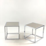 Pair of vintage cubic glass chrome metal side table with 1970 mirror glass tray
