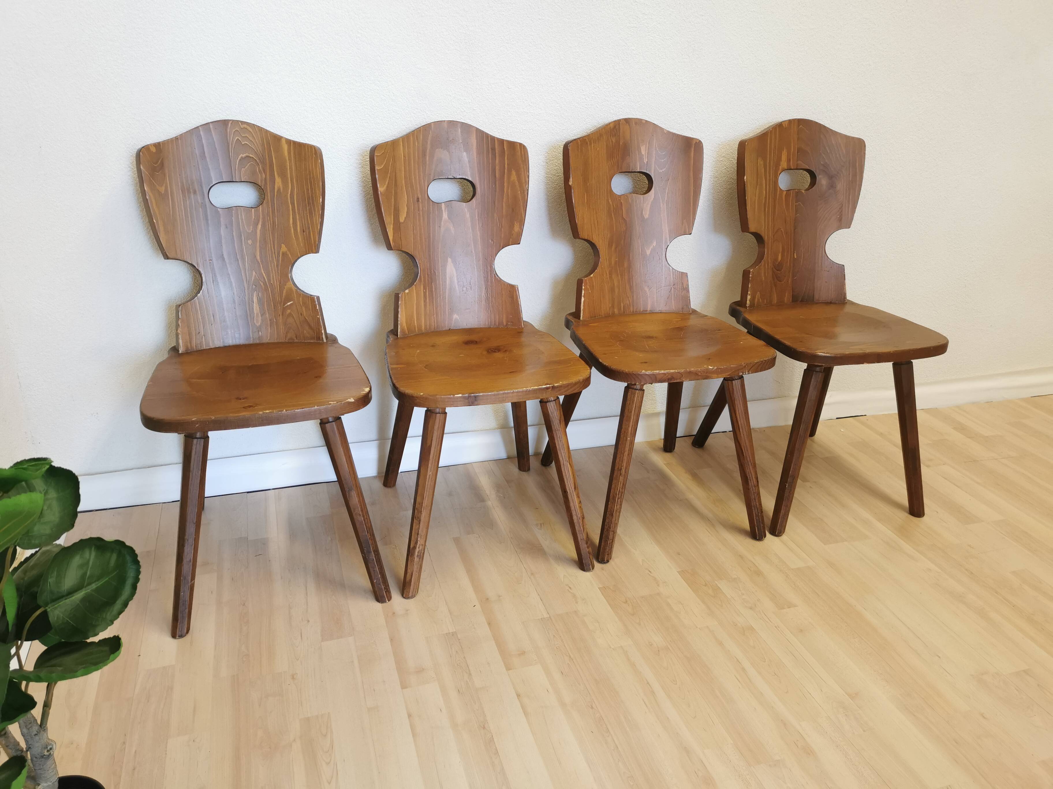 Vintage Tyrolean Wooden Dining Chairs - 1970s Farmhouse Style - Set of 4