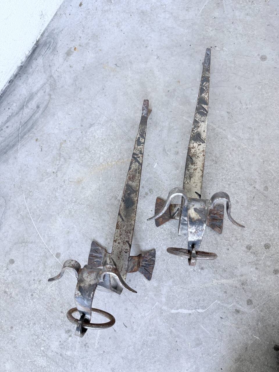 Pair of zoomorphic metal andirons "dogs" 1950