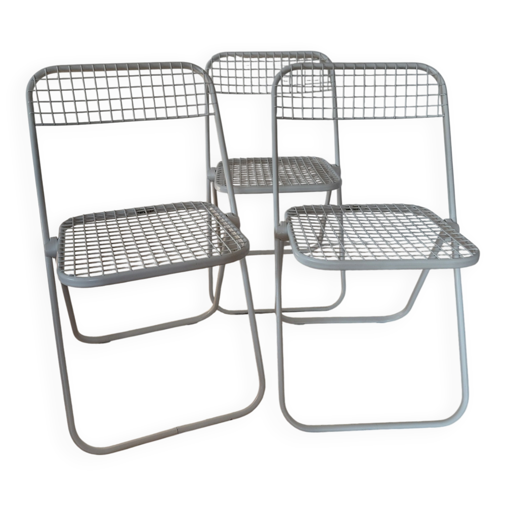 Suite de 3 chaises pliantes Talin en métal blanc, Italie années 70