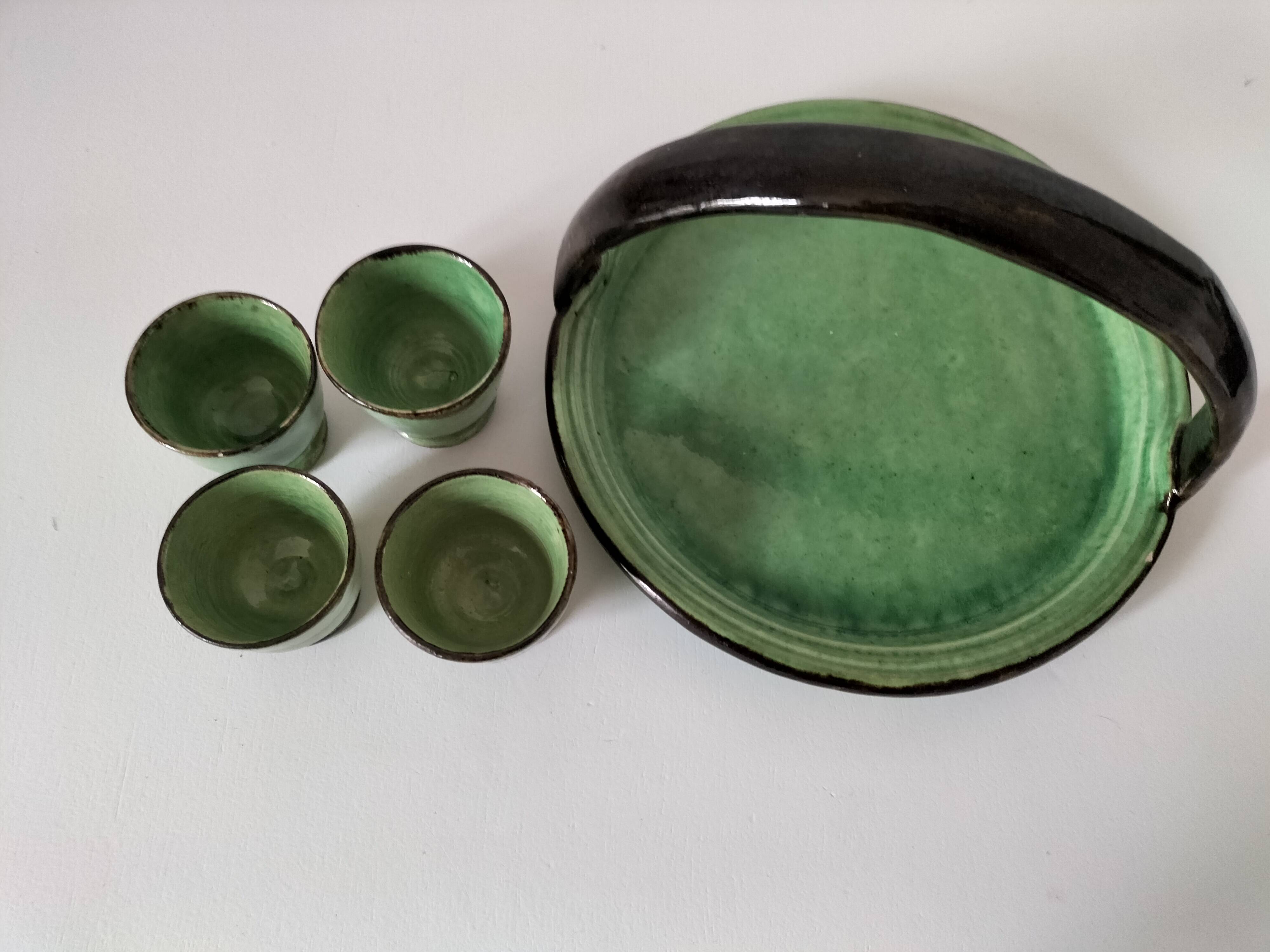 Plateau and its 4 ceramic workshop bowls - green Geneva