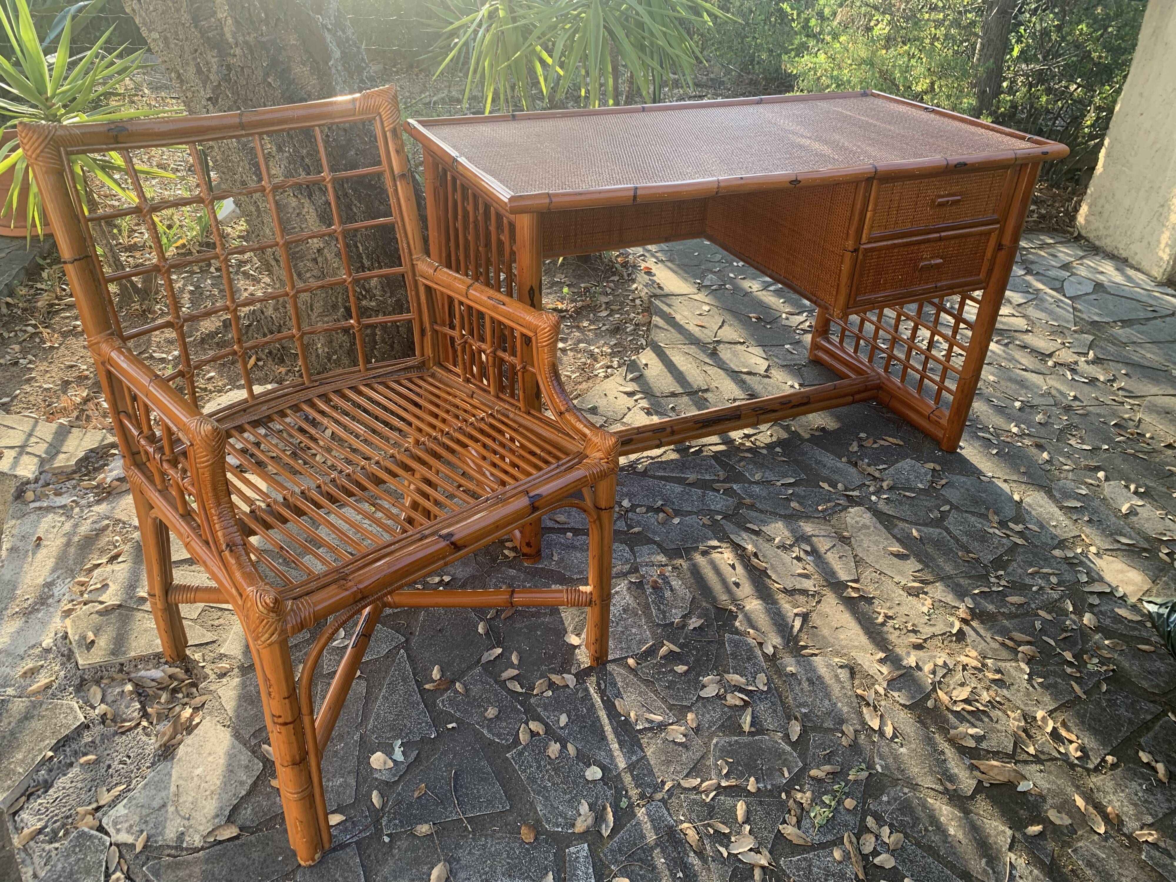 Desk and armchair rattan and vintage bamboo