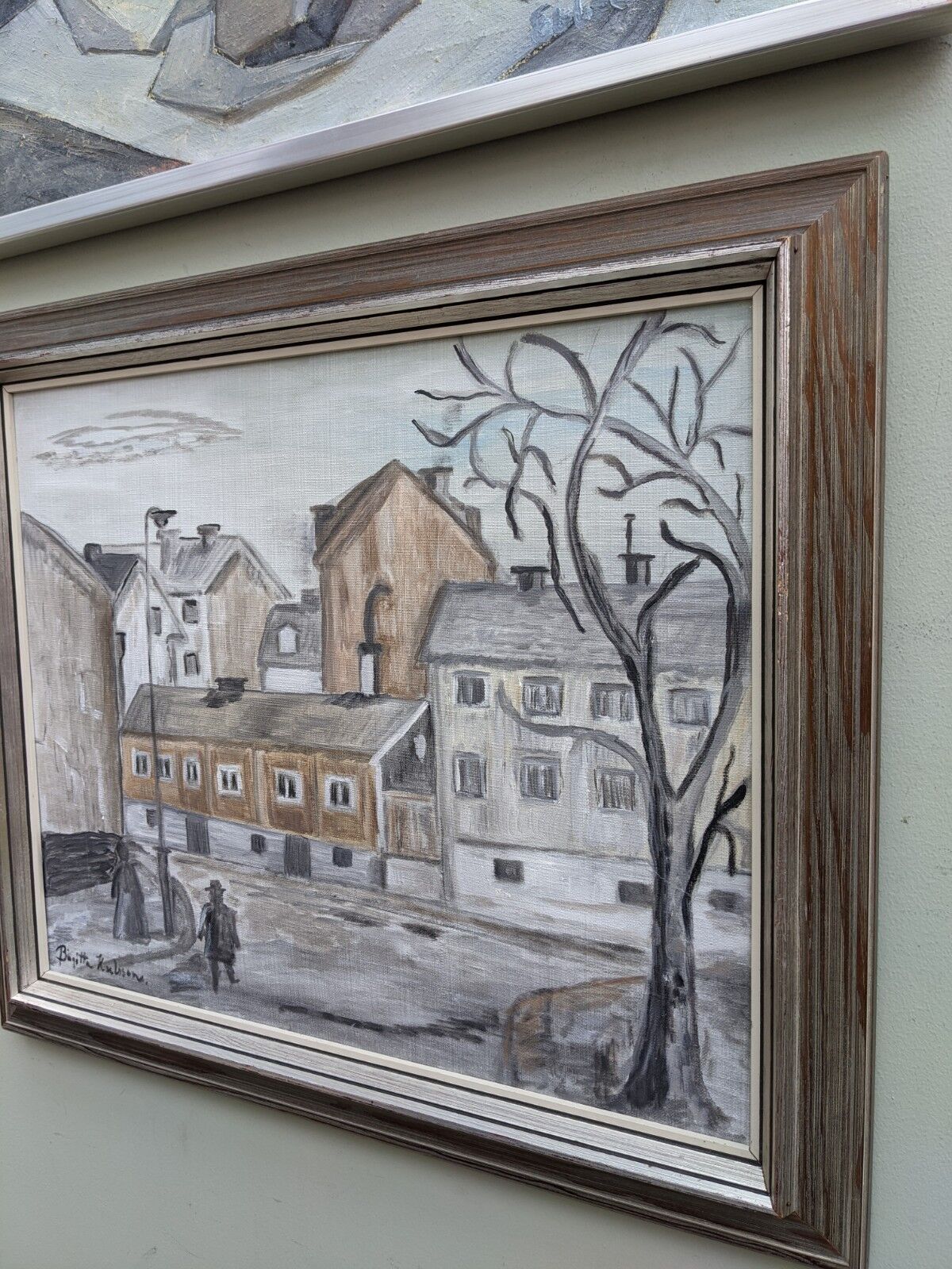 Mid-Century Modern "Stroll" Swedish Vintage Street Scene Oil Painting, Framed