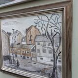 Mid-Century Modern "Stroll" Swedish Vintage Street Scene Oil Painting, Framed