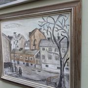 Mid-Century Modern "Stroll" Swedish Vintage Street Scene Oil Painting, Framed
