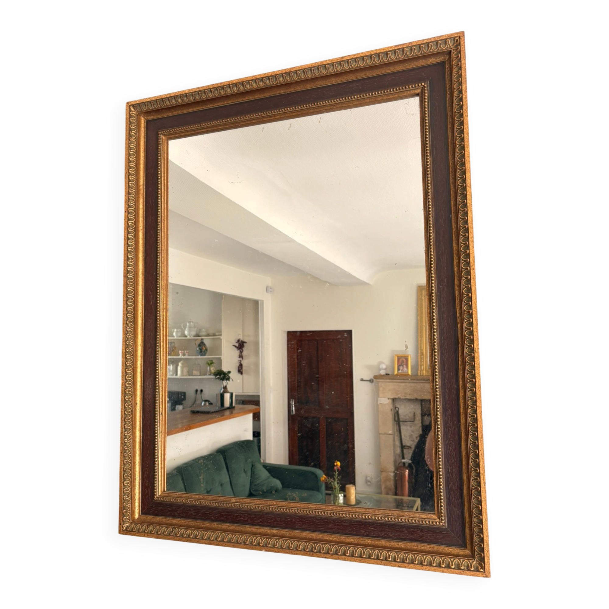 Golden Rectangular Wall Mirror Wood Louis XVI Style Acanthus Leaf Pearled