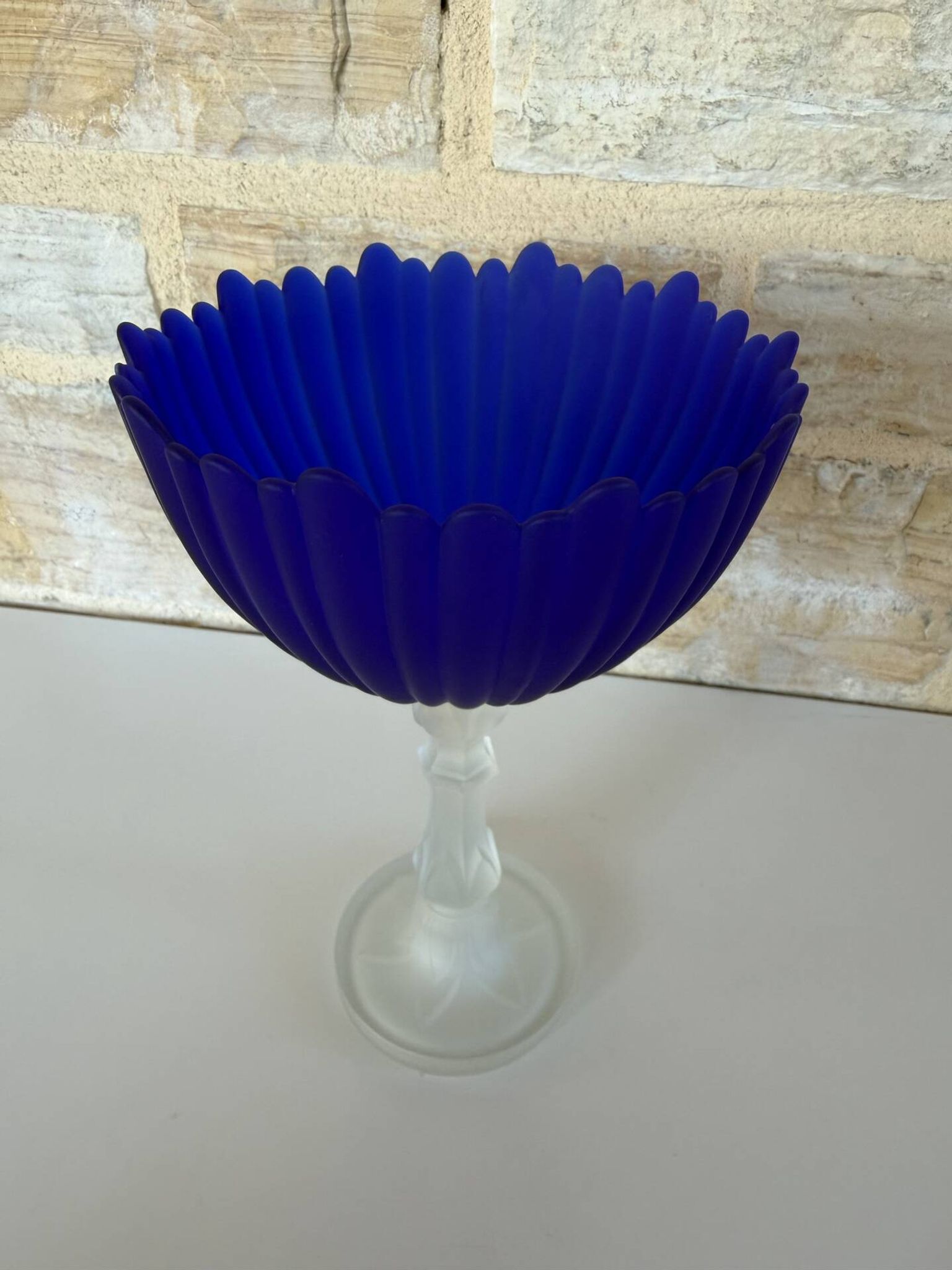 Large vintage Art Deco footed bowl – cobalt blue & frosted glass
