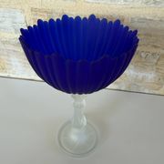 Large vintage Art Deco footed bowl – cobalt blue & frosted glass