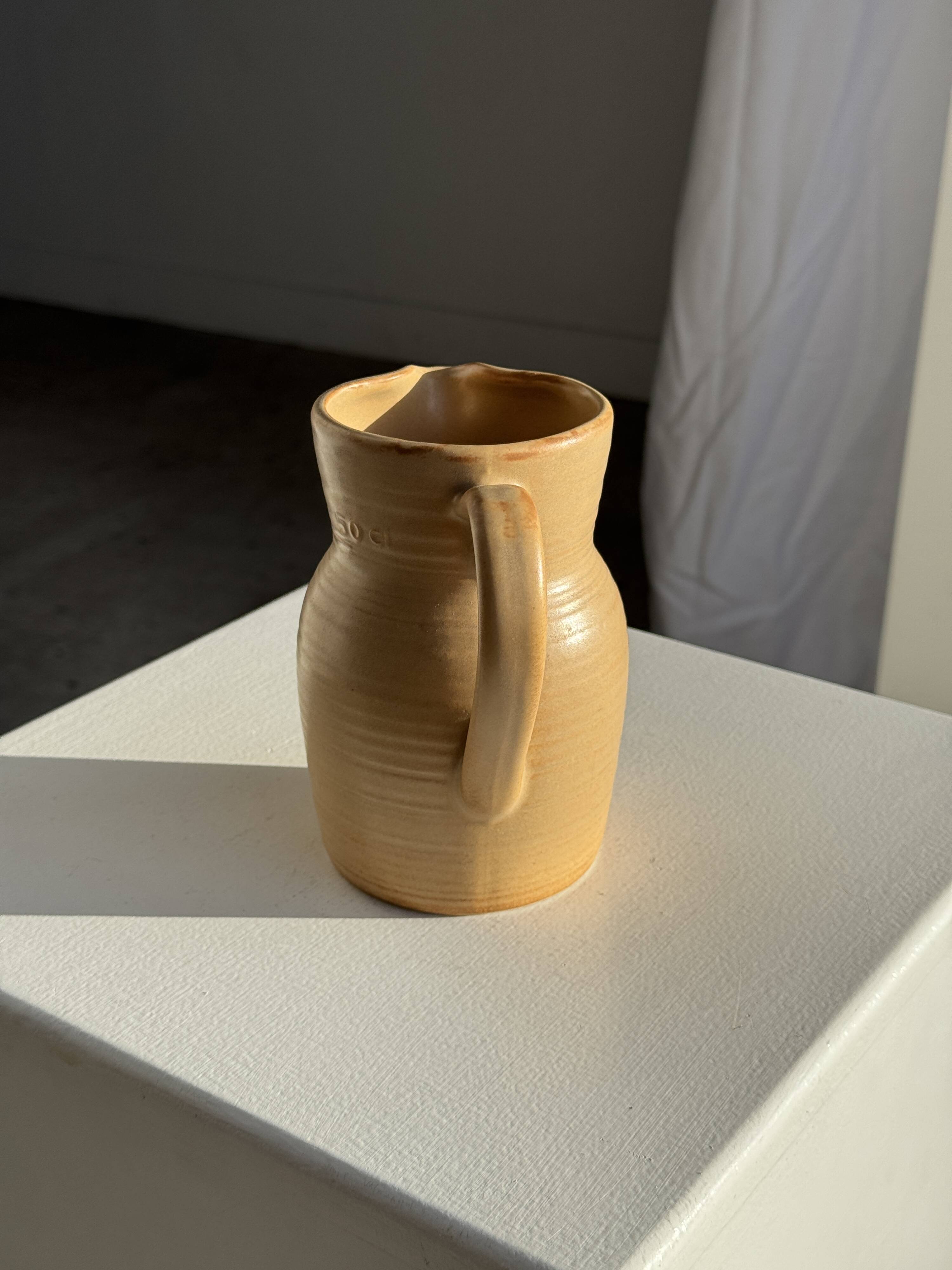 Small vintage jug engraved 50cl matte beige stoneware H14