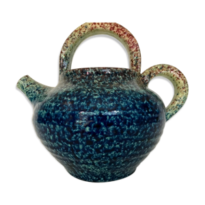 vase Accolay formant théière bleu et orange moucheté, clin d'oeil, vers 1950-1960.