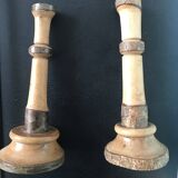 Pair of old candlesticks or candlesticks in raw bark wood, Jura craftsmanship