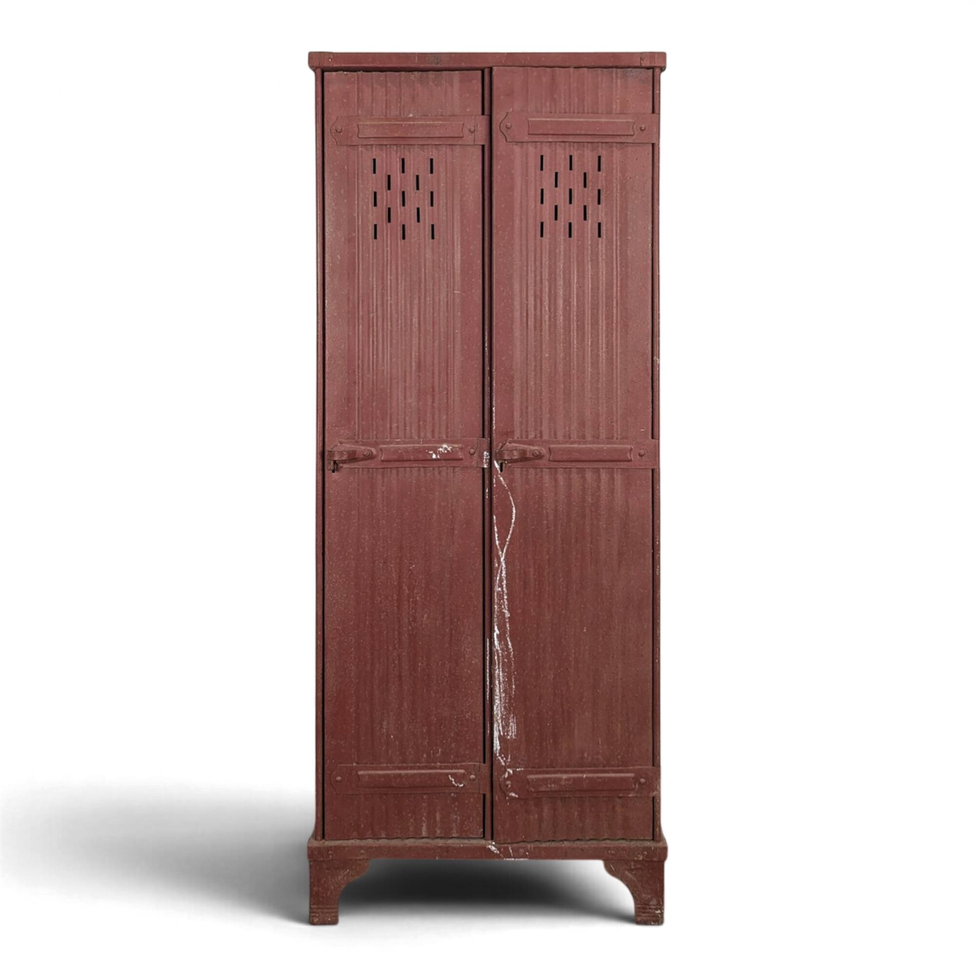 Red painted metal workshop locker with two doors.