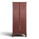 Red painted metal workshop locker with two doors.