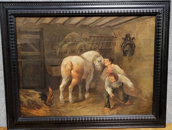 Tabbleau: Ecole Flamande du XVIIIeme : huile sur panneau / l'écurie