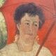 Large old portrait with a parasol, oil on canvas signed, 1917