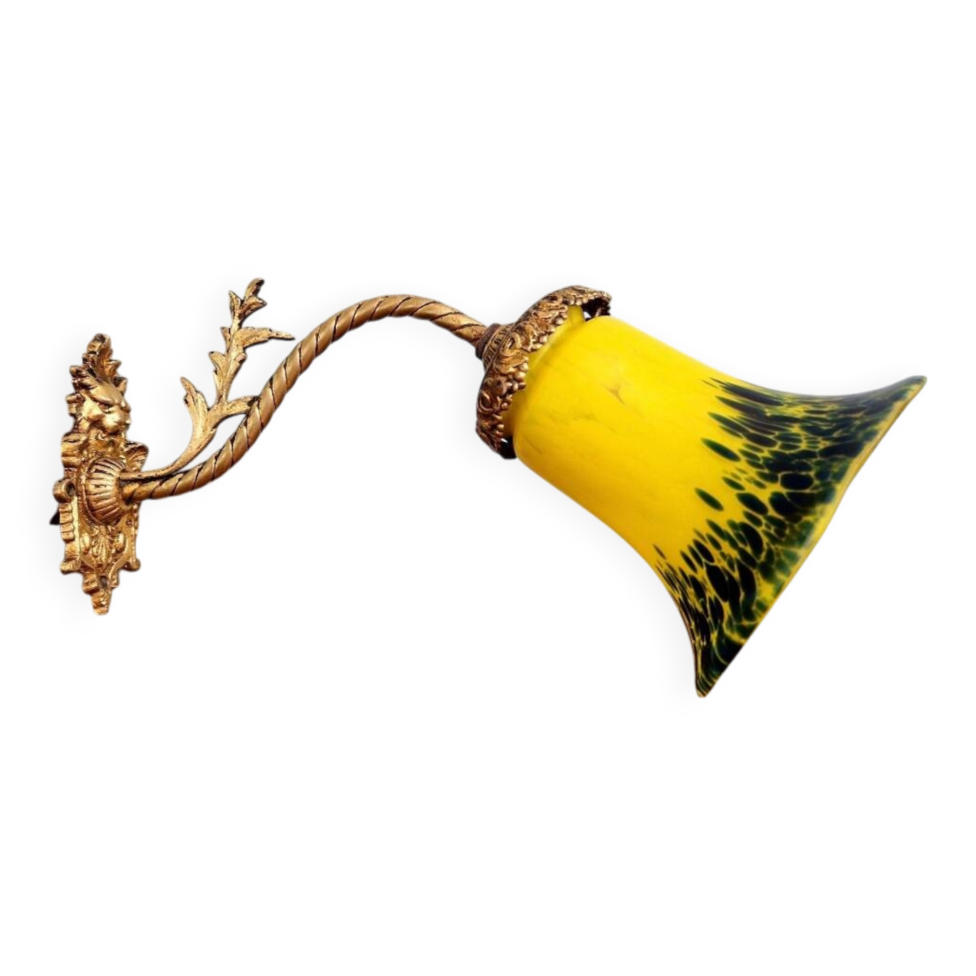 Wall sconce in gilded bronze and yellow/blue speckled glass
