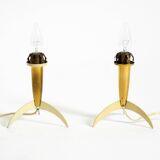 Two Mid-Century Modern rocket table lamps in brass and glass