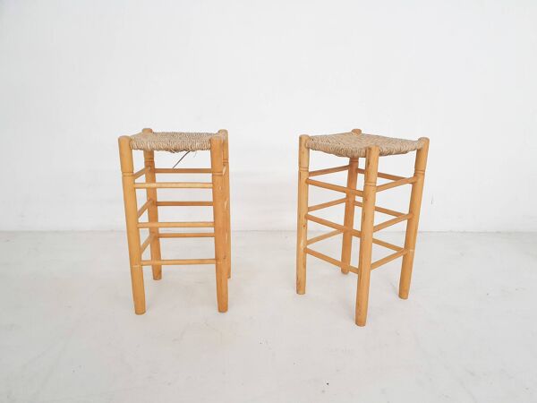 Ensemble de deux tabourets de bar en rotin vintage, Pays-Bas années 1970.