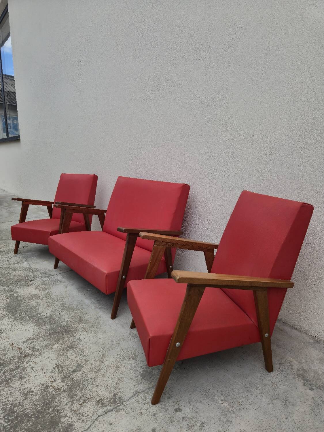 Vintage 1950s children's sofa and two armchairs with compass feet