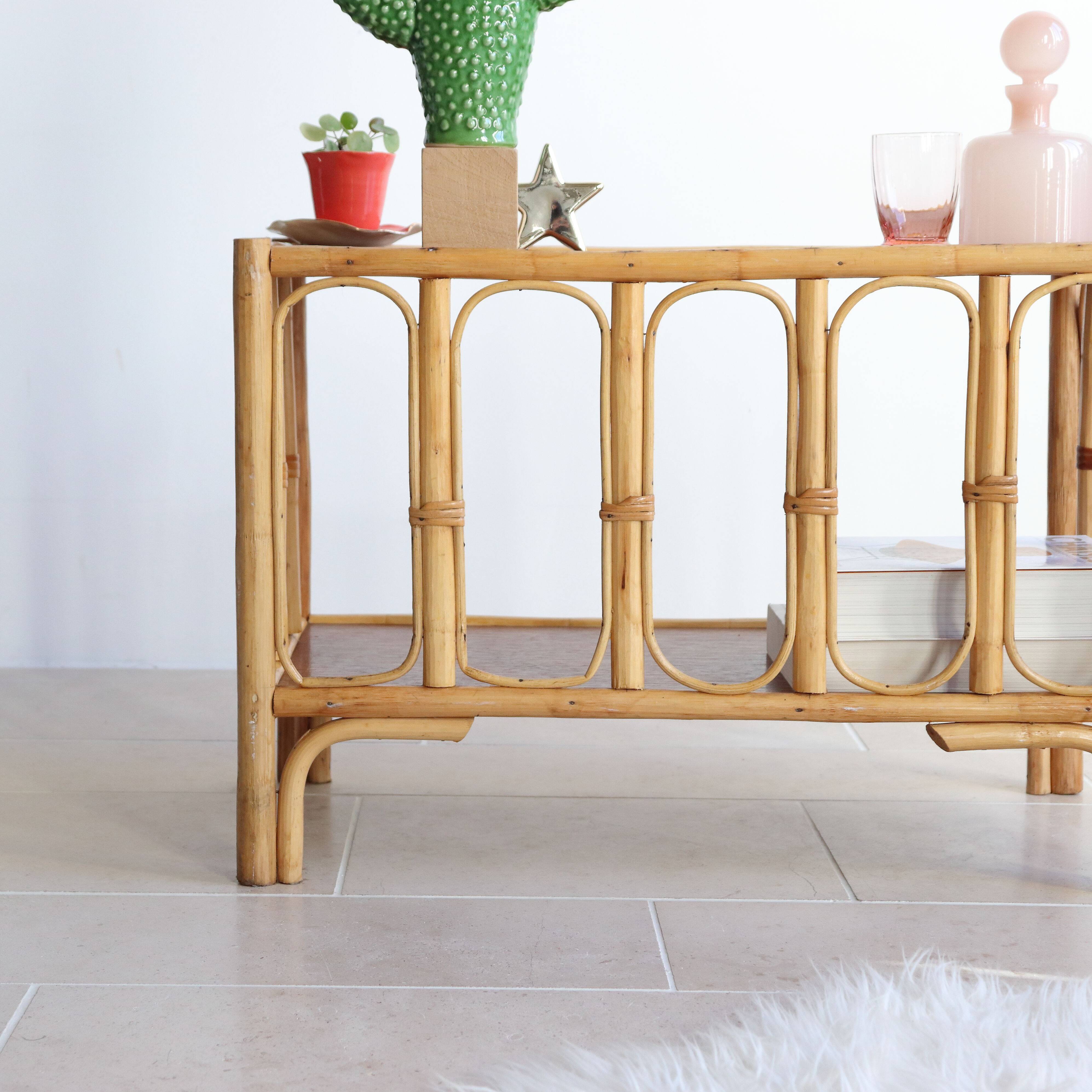 Vintage rectangular side coffee table in wood and rattan with magazine rack