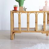 Vintage rectangular side coffee table in wood and rattan with magazine rack