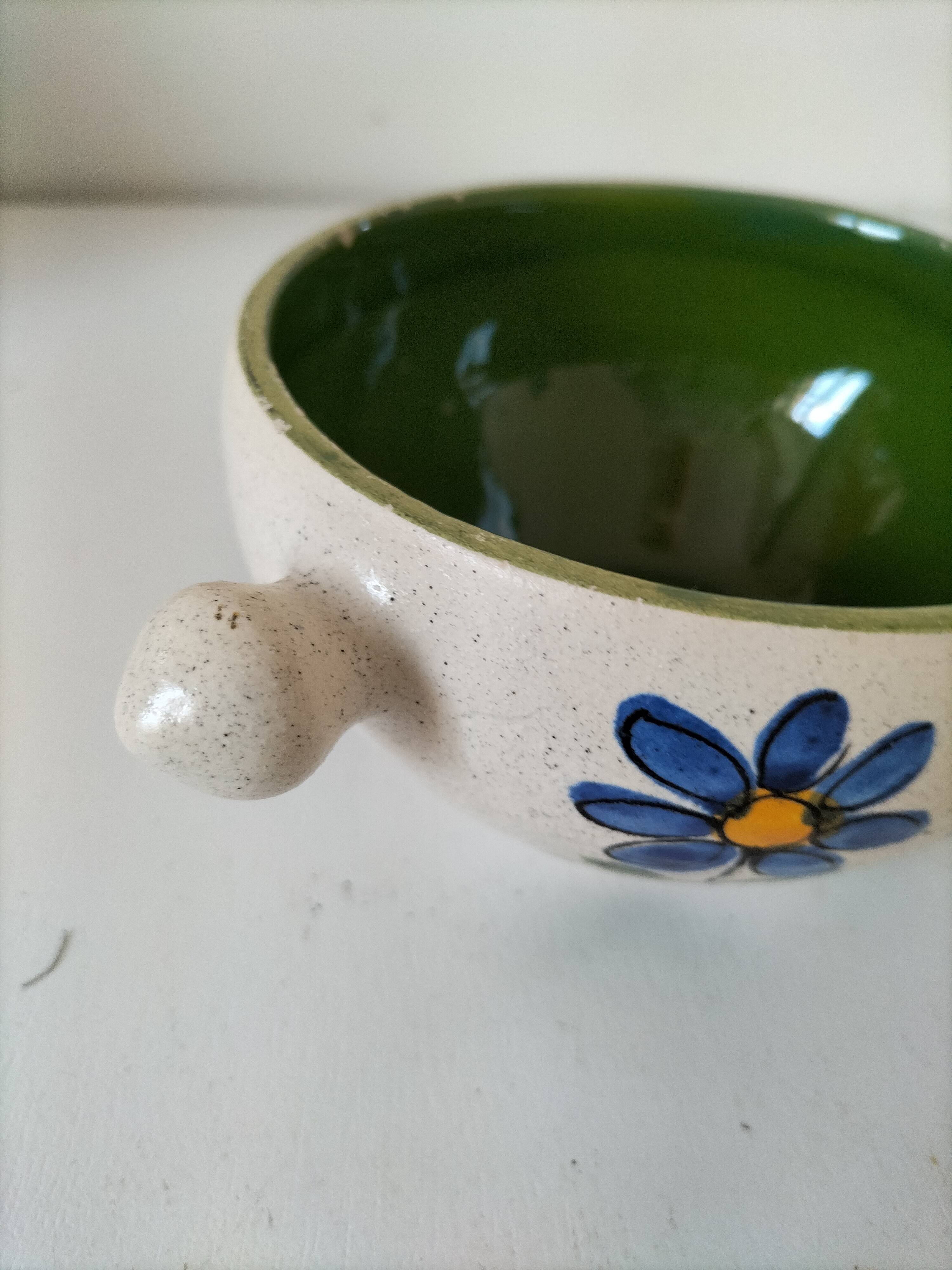 Ceramic soup bowl with blue flower decoration – handmade